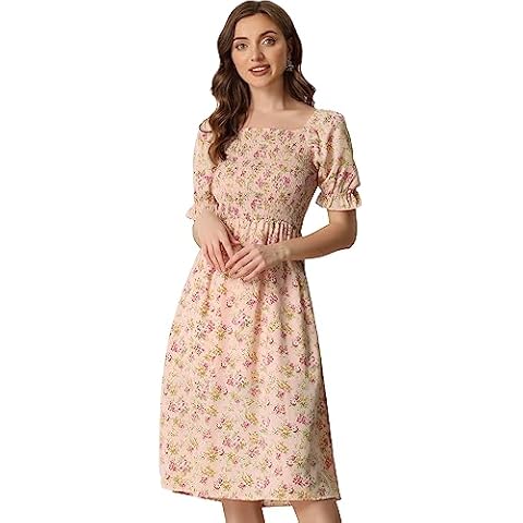 Allegra K Women's Floral Midi Dress with Puff Sleeves Cover