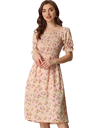 Image of Allegra K Women's Cottagecore Floral Dress Puff Sleeves Smocked Midi Dresses