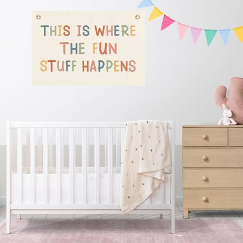 MOXDBT Playroom Wall Decor, Boho Classroom Decorations, Kids Room Decor Wall Hanging Pennant Banner Flags, Linen Material Size 30 x 20inches,This is Where All The Fun Stuff Happens Banner