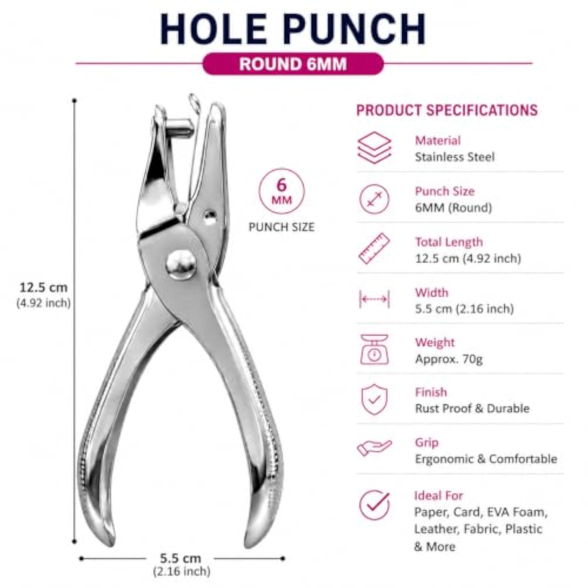 Heavy Duty Round Hole Punch, Stainless Steel Single Puncher