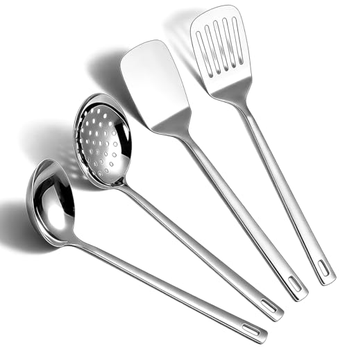 Juego de utensilios de cocina de acero inoxidable de 4 piezas que incluye juego de espátula de metal, espumadera de cocina, cucharón de sopa, elementos esenciales de cocina