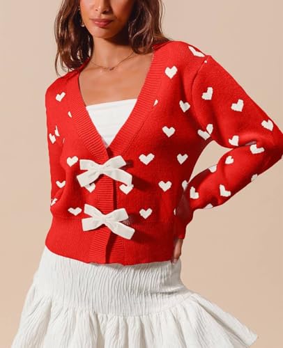 Image of Valentine's Day Cardigan Sweaters for Women Love Heart Print Button Down Cropped Cardigans Y2K Open Front Knit Sweater