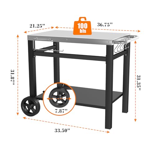 GRILL FORCE Outdoor Grill Table Cart, Movable Dining Cart, Pizza Oven Table Stand, Double-Shelf Grill Stand, Food Prep and Work Table with Wheels, Hooks, Fits for Blackstone Ninja Ooni