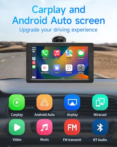 Image of Apple Carplay Screen for Car, 7 inch Portable Car Stereo with Wireless Car Play & Android Auto, Mirror Link, Hands-Free, Voice Control, Memory Card Playback - Fits All Vehicles