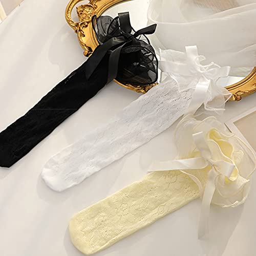 Socks,Kids Girls Mesh Knee High Socks Sweet Organza Ruffle Trim Cute Bowknot Rose Floral Lace Calf Stockings2