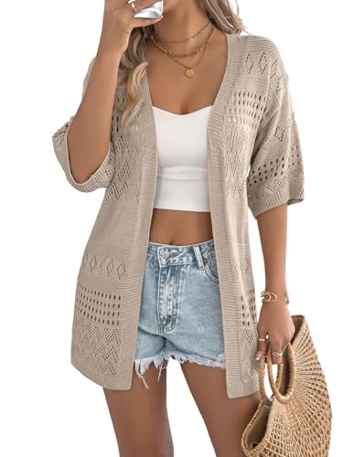 Image of Spicy Sandia Women's Loose Fit Short Sleeve Crochet Cardigan Sweaters for Summer
