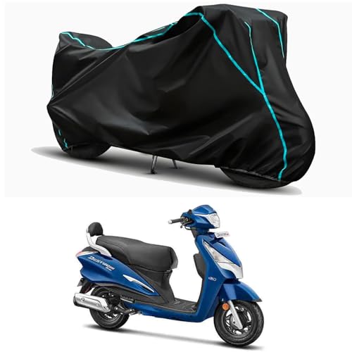 Image of Waterproof Bike Body Cover Compatible for | Hero Destini 125 Xtec | Taffeta Fabric, Sky Piping Design, Bottom Elastic Fit | Dustproof, Sun UV & Rain Protection for All Weather.