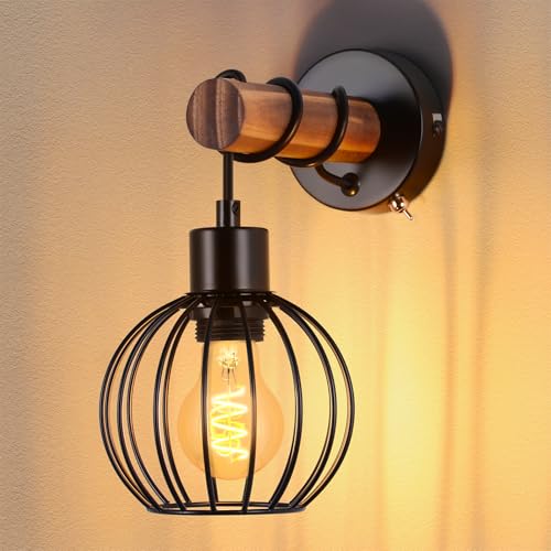 ZMH Wandleuchte Wohnzimmer Vintage Holz: Wandlampe mit Schalter Wandbeleuchtung Schwarz im industrial Design E27 Wandstrahler aus Metall Retro Bettlampe für Schlafzimmer Flur Cafe - Ohne Leuchtmittel