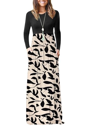 AUSELILY Damen Langarm Maxikleider Lässige Langkleider mit Taschen Winter Apricot schwarzes Blattmotiv L AUSELILY Damen Langarm Maxikleider Lässige Langkleider mit Taschen Winter Apricot schwarzes Blattmotiv L