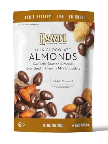 Bazzini Milk Chocolate Almonds, Gourmet Almonds Coated in Rich Milk Chocolate, Kosher, Since 1886 Gourmet Nut Snack, Made in USA (10oz Pouch)