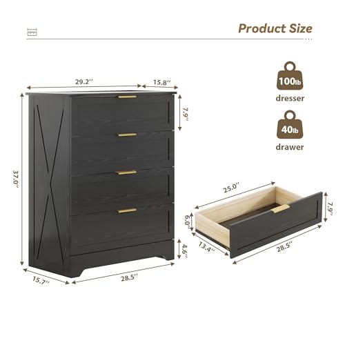 FTZxHKLX Modern 4 Drawer Dresser for Bedroom, Tall Bedroom Dresser with Large Drawer & Rose Gold Handles, Wooden Storage Organizer Cabinet Chest of Drawer for Closet, Living Room, Hallway, Black — view 2