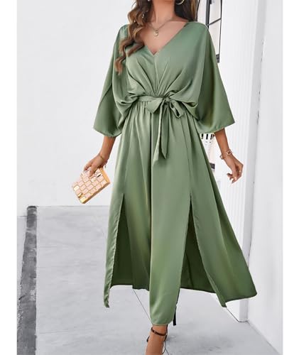 Image of SEMATOMALA Women's Satin Batwing Sleeve Cocktail Evening A Line Long Dress V Neck Ruched Loose Maxi Dress