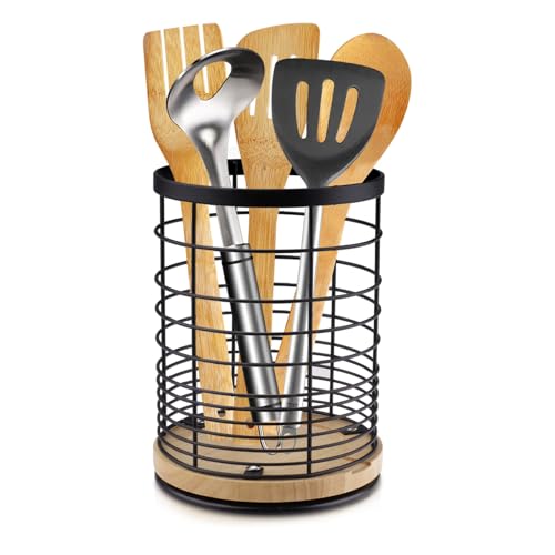 Velicber Giratorio Soporte para Utensilios de Cocina Redondo Organizador de Utensilios de Acero Inoxidable con Base de Madera Grande Escurre Cubiertos de Cocina, 13.5 x 13.5 x 18.5 cm (Negro)