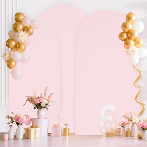 Image of SoarDream Wedding Arch Covers Pink Spandex Arch Stand Covers Set of 3 Pink Round Top Blushing Chiara Arch Covers 6FT 6.6FT 7.2FT for Wedding Bridal Shower Decor