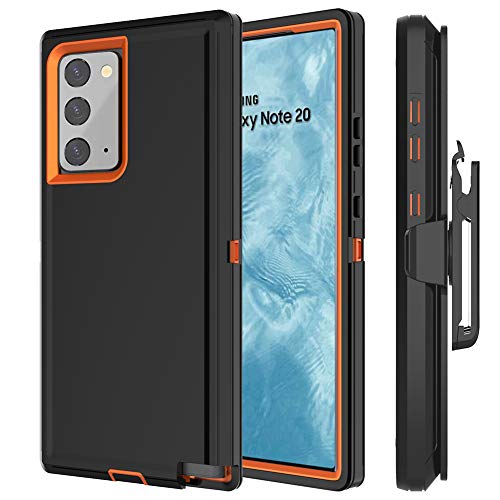 HONTECH Holster Case for Galaxy Note 20 Phone Case with Swivel Belt Clip, Heavy Duty Full Body Protection Shockproof Kickstand Cover for Samsung Galaxy Note20 6.7 inch 2020 Release (Black-Orange)