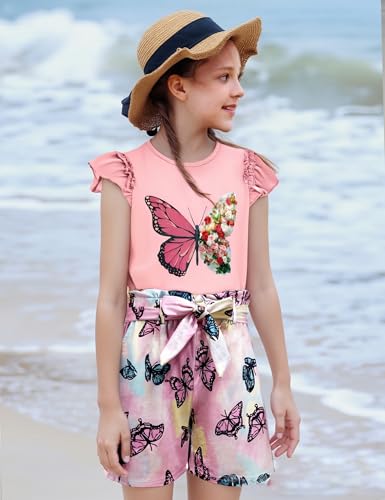 Image of mksodop Girls outfits 2-Piece ruffled short sleeve butterfly floral print high waist floral shorts girls summer clothes