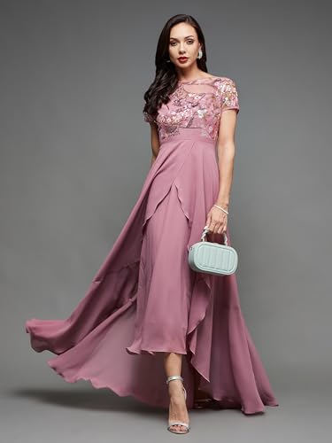 Image of Miss Chase Women's Round Neck Sleeve Embellished Fit Flare Maxi Dress