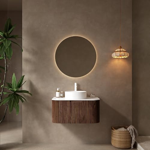 Image of KEIKI 30 inch Bathroom Vanity Cabinet with Sink Combo, Wall Mounted Curved Edges Striped Floating Bathroom Vanity with Soft-Close Drawer, White Round Ceramic Basin Without Faucet, Dark Walnut