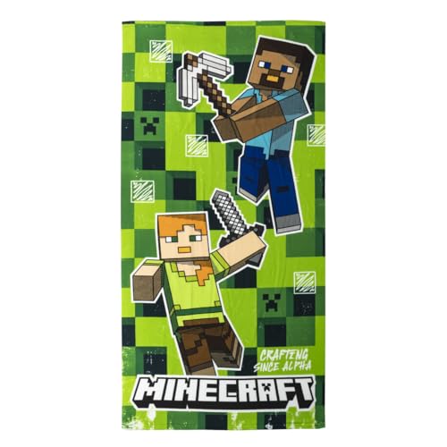 Toalla Infantil de Minecraft - Color Verde - 70x140cm - Elaborada con 100% Poliéster de 240 gsm - Toalla Pequeña - Estampado de Personajes de Minecraft - Producto Original Diseñado en España