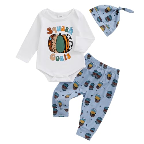 Newborn Boy Halloween Outfit with Hat, Baby Boy Pumpkin Romper and Pants Fall Infant Clothes Set (White squash pumpkin goals, 3-6 Months)