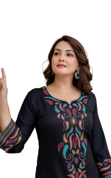 Bewakoof Women's Black Kurti with Colorful Embroidered Design, Traditional Indian Ethnic Wear, 3/4 Sleeves, Sweetherat-Neck in black