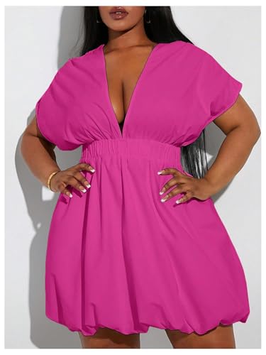 Image of WDIRARA Women's Plus Size Deep V Neck Bubble Dress Short Sleeve A Line Mini Dresses