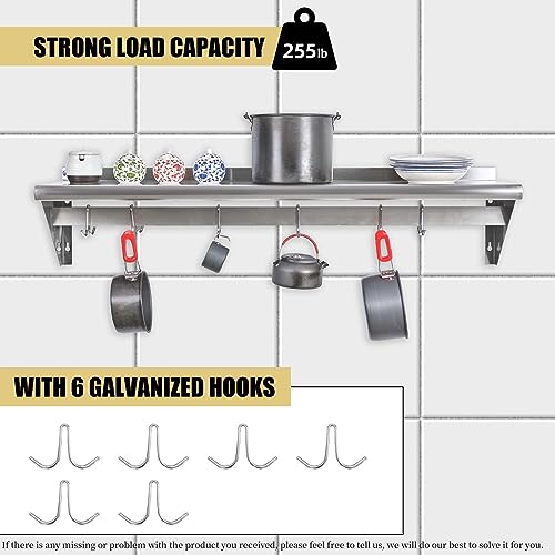 Image of Hally Stainless Steel Shelf with 6 Hooks 12 inch x 48 inch Wall Mounted Pot Rack, NSF Commercial Floating Shelving for Storage Hanging Pots, Pans, cookware in Restaurant, Kitchen, Home and Hotel