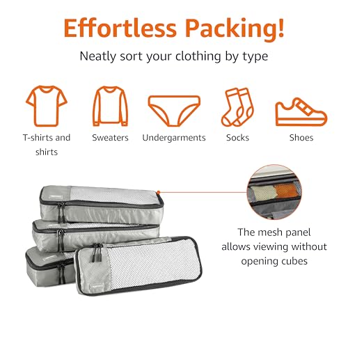 Amazon Basics Lightweight 4-Piece Travel Packing Cubes Set - Slim Gray with Double Zipper Pulls and Mesh Top Panel