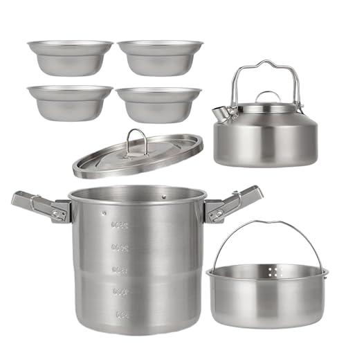 Juego de cocina de camping – Utensilios de cocina de metal fuerte para acampar | Rápido de transportar ollas de picnic | Juego de utensilios de cocina de picnic fácil de limpiar para adultos, familia