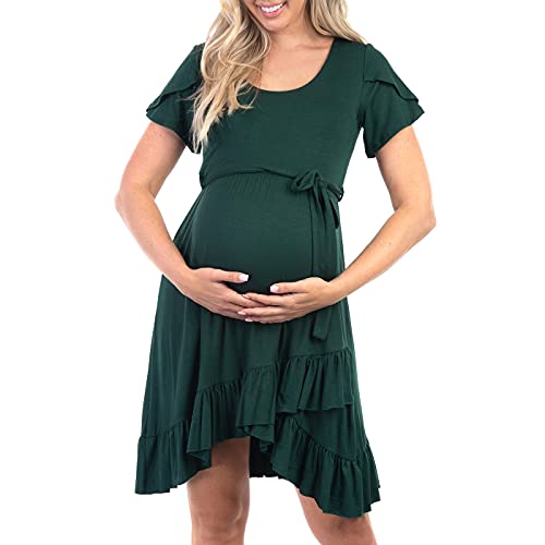 Mother Bee Maternity Butterfly Sleeve Hi-Low Ruffle Short Dress With Adjustable Belt #TOP1