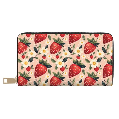 Leather Thin Slim Wallets for Women & Men - Strawberry Elegant Flowers Print Card Wallet Holder with Zipper