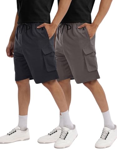 Image of Pinkmint Cargo Shorts for Men Pack of 2 Cotton Lycra Training Gym Shorts for Men Casual Workout Lightweight Summer Shorts with Dual Side Pockets Half Pant for Running, Gym, Walking, Travel
