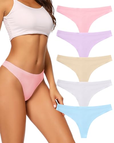 VOENXE Tangas de Lencería,Tangas Mujer Pack,Sin Costuras,Ropa Interior,Para Mujeres,Multicolor con Acabado Fino Que No Marca,Cómodos,Suaves y Elásticos,5 Pack