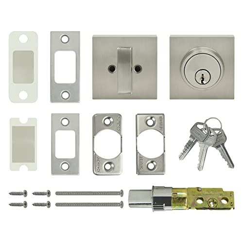 Image of Nuk3y Hulk Series Lever Door Handle Slim Square Modern Contemporary Lever Set (Deadbolt [Single Cylinder], Satin Nickel)