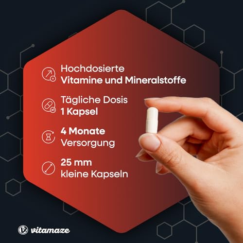 Multivitamin Kapseln hochdosiert, 23 wertvolle Vitamine A-Z & Mineralien, 120 vegetarische Kapseln für 4 Monate, Vitalstoffe & Spurenelemente optimal kombiniert – Bild 3