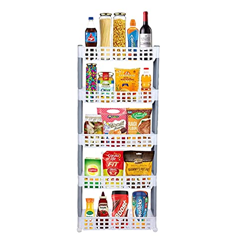 SIMPARTE 5 Layer Slim Storage Rack with Wheels – Multipurpose Slide-Out Shelf Organizer for Kitchen, Bathroom, Laundry & Office – Durable Plastic, Spa
