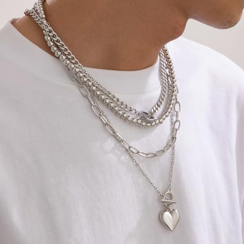 Chunky Gold Necklace Stack for Women Layered Necklaces for Women Silver Chunky Necklace Paperclip Chain Cross Beaded Ball OT Toggle Heart Pendant Necklace Chunky Gold Jewelry Set4