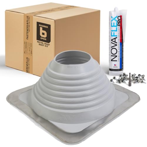 Image of Fasteners Plus #6 Square EPDM Metal Roof Pipe Flashing Boot with Complete Install Kit (Fits 4-3 /4 inch - 10 inch Pipe OD), Gray