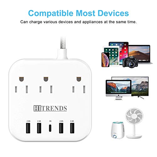 Protector contra sobretensiones MKSENSE con extensión de 3 tomas y 4 USB-A y 1 USB-C, cable de 3.05 m, enchufe plano girado 45° miniatura 6
