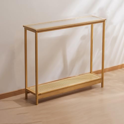 YCCYHQ Consola Recibidor de Bambú Estrecha, Mesa Consola con Ratán y Cristal, Mesa Auxiliar Alta para Pasillo, Salón y Dormitorio(Yellow,100cm/39.4in)