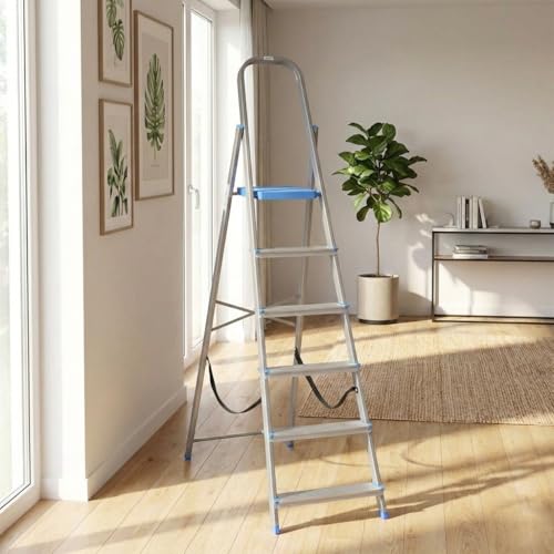 Image of Nilkamal Rise 6 Step Heavy Duty Steel Ladder with Aluminium Steps | for Home Use | Climb Easy Anti-Slip Steps | Secure Safety Clutch Lock | 150 kg Capacity | 1 Year Warranty