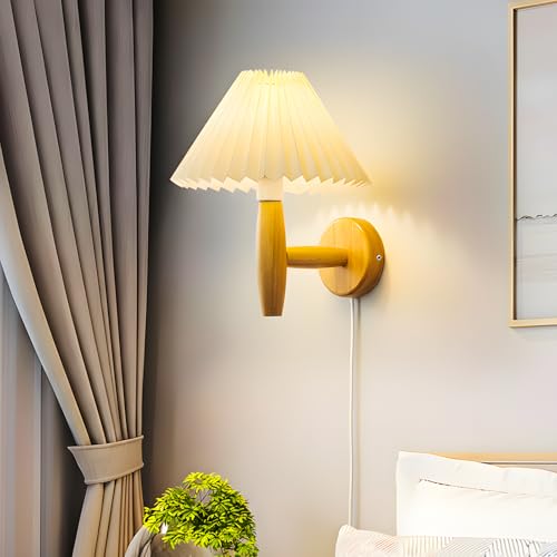 niuniaj Aplique de Pared Interior Madera, Lámpara de Pared E27 con Enchufe e Interruptor,Pantalla de Tela con Forma Paraguas,Lamparas de Mesita de Noche E27 para Dormitorios Salas de Estar