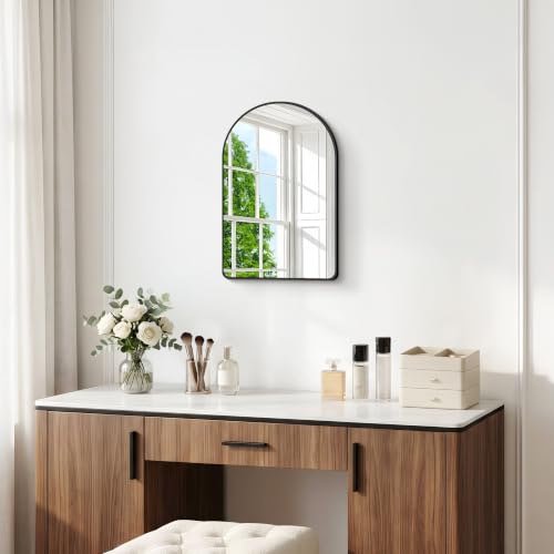 Image of BONEWEI Arched Wall Mirror,18x24 inch Black Arched Mirror Bathroom,Vanity Mirror for Over Sink Metal Frame,Tempered Glass Arch Mirrors for Bedroom,Entryway,Living Room,Home Decor Shatter-Proof