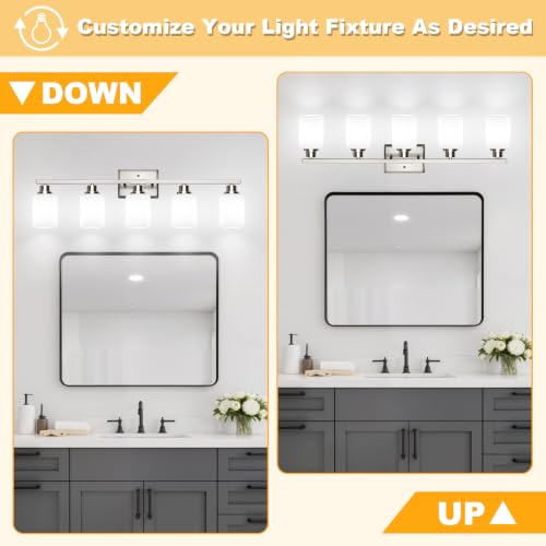 Image of Unicozin 5-Light Bathroom Light Fixtures, Modern Brushed Nickel Vanity Light Over Mirror, Wall Sconces with Milky White Glass Shades for Living Room Bedroom Hallway E26 Base