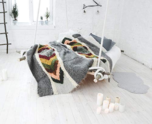 Moroccan Gray Wool Throw Blanket, Fuzzy plaid for living room, Boho sofa bedspread Thick weighted Cover Pattern Geometric Heavy Bed Coverlet, Handmade Kilim fluffy Hand Woven Aztec modern flokati
