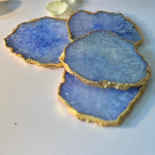 Image of Natural Agate Stone Tea Coasters Set | Premium Stone Coasters for Tea, Coffee & Glass | Heat Resistant Coasters for Dining Table, Office Desk & Home Decor | Pack of 4 | Color -Blue