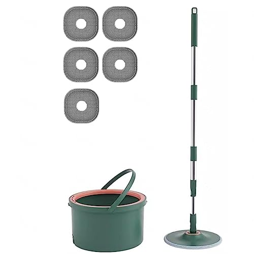 AMNOOL Bodenreinigungssystem „Spin Mop Bucket“ - Selbstreinigender Trocken-Nass-Schleudermopp - Flaches Bodenwischer-Eimer-Set mit 5 Mikrofaser-Pads, Nachfüllpackungen,Grey