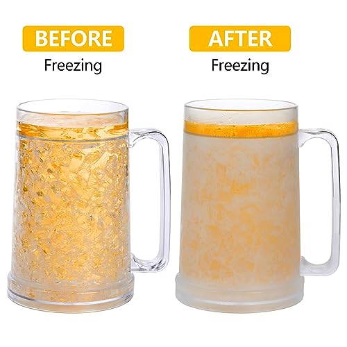 Fasmov Freezer Beer Mugs, 4 Pack Clear Double Wall Gel Frosty Ice Mugs with Gel, Plastic Beer Mugs with Handles for Freezer, Parties and Gifts, 16oz - Image 4