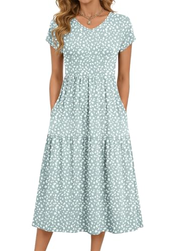 PLOKNRD Women's Summer Midi Dress - Casual Short Sleeve V Neck Tiered Dresses with Pockets(Green Spot,L)