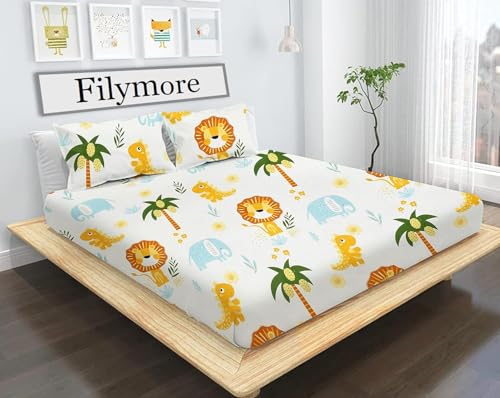 Image of Filymore Cute Lion Double Bed Sheet for Queen Size Bed with 2 Pillow Covers for Kids Bedroom 240 TC Made with Pure Microfiber, Color Blue and Yellow (90x90 inches)